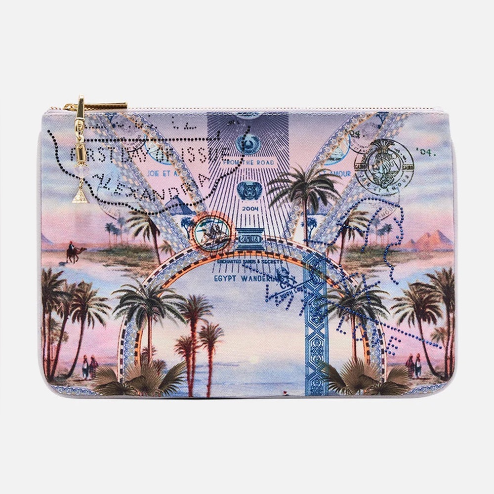 Camilla “Call Me in Cairo” pink crystal canvas Egyptian clutch bag pouch sac